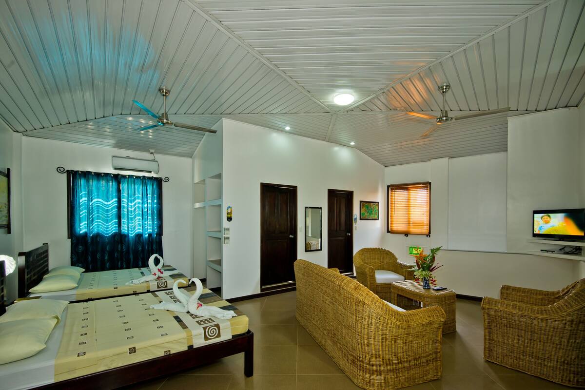 A hotel room with a bed, two sofas, a television, and a ceiling fan.