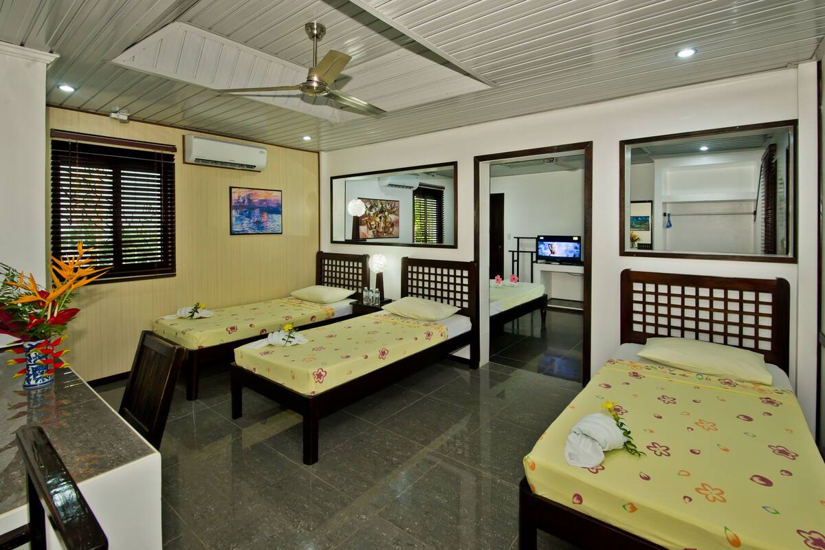 A hotel room with two single beds, a desk, a chair, a ceiling fan, and a TV.