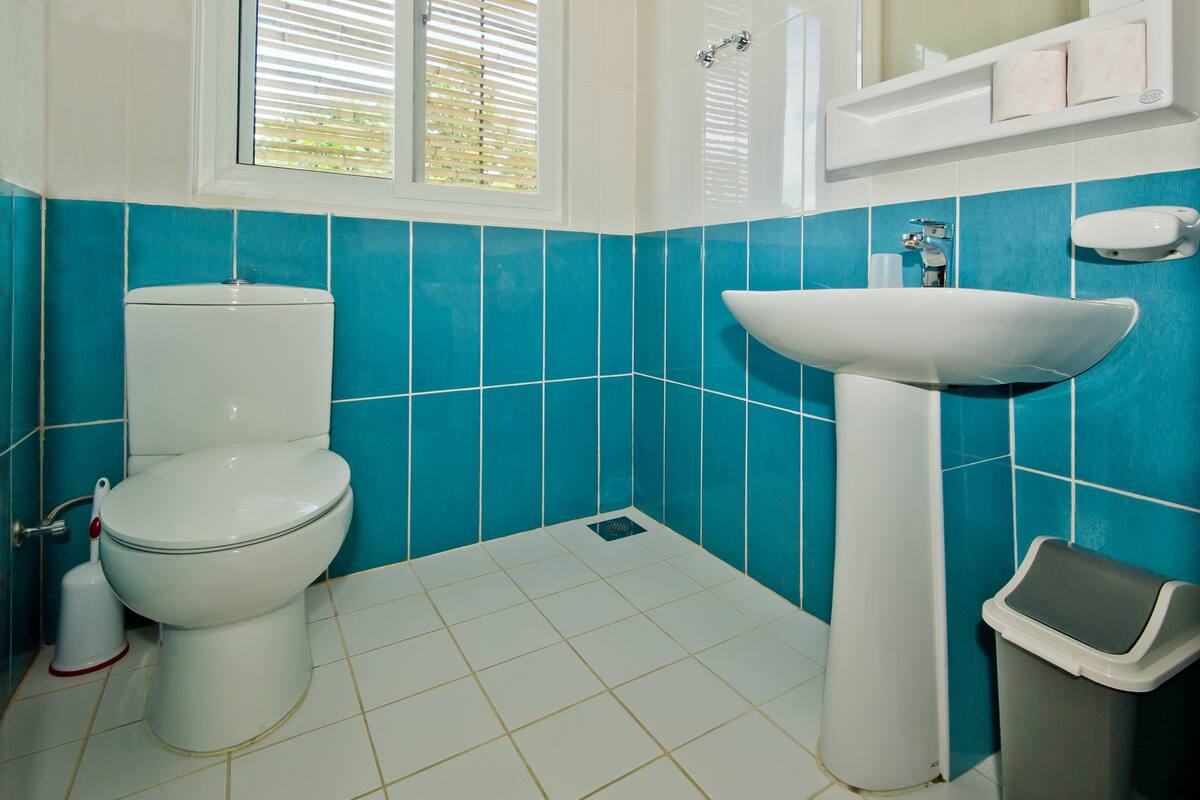 deluxe room | bathroom | shower, rainfall showerhead, slippers, towels