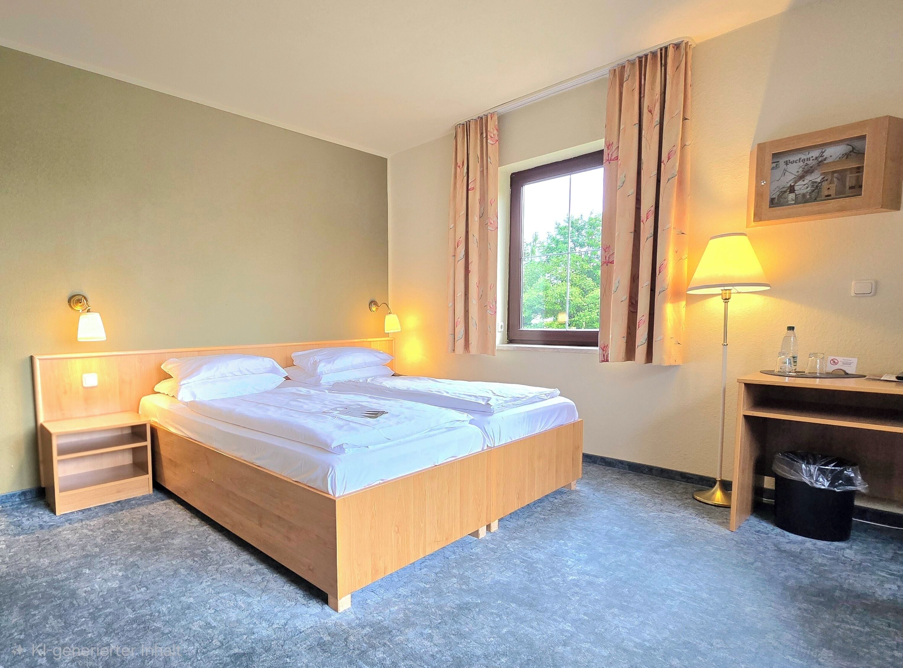 A hotel room with a wooden bed, two bedside tables with lamps, a window with curtains, a desk with a lamp, and a trash bin.