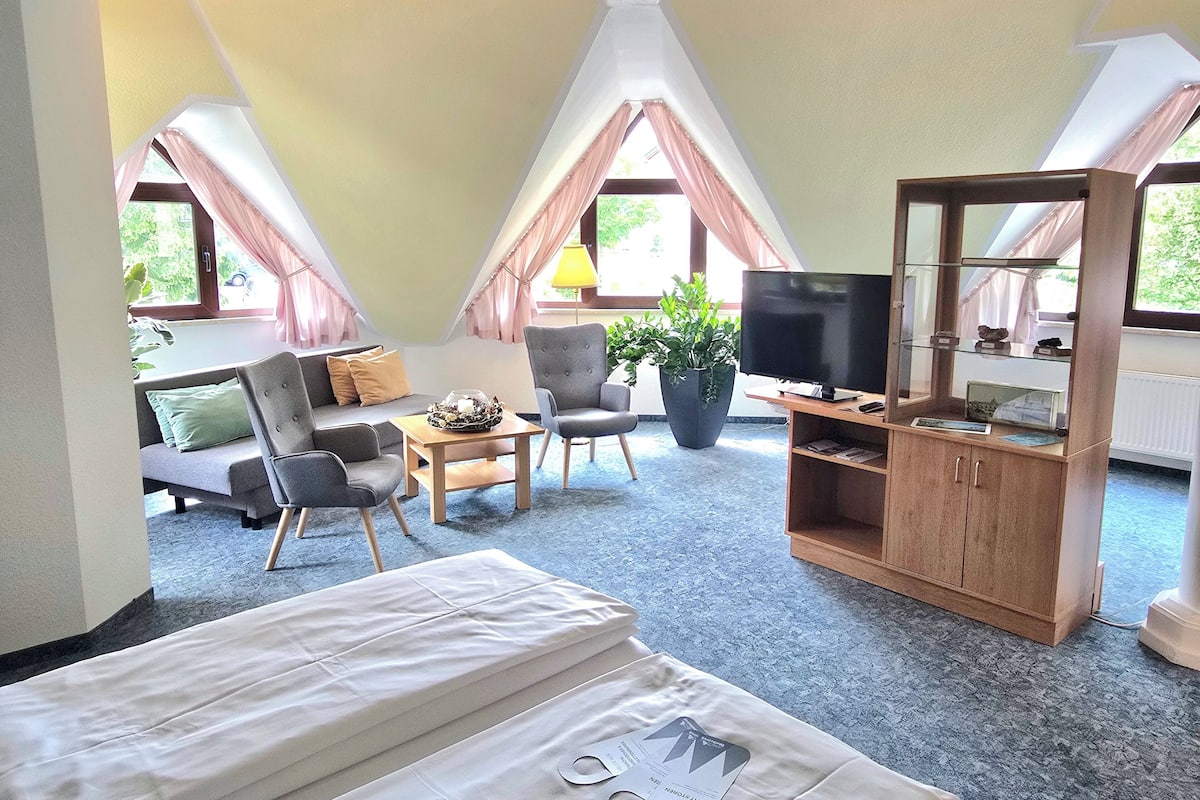 A room with a bed, a TV, a sofa, a chair, a table, and a potted plant.