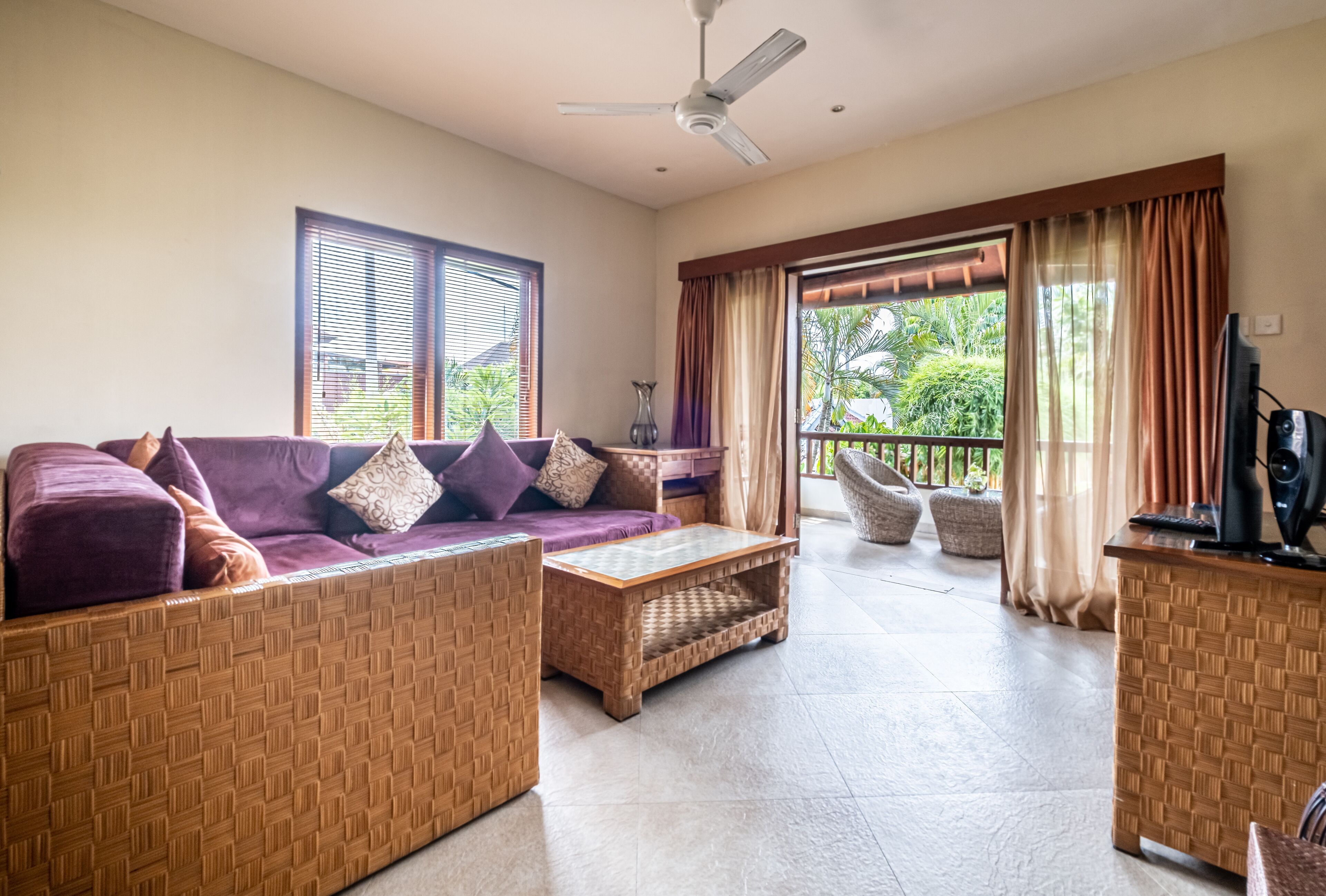 42-inch flat-screen TV with satellite channels, LED TV, DVD player