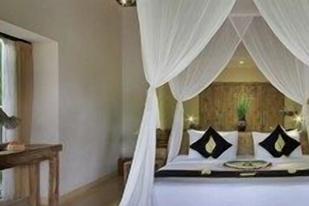 A room with a bed covered by white curtains, a wooden headboard, and two black decorative pillows.