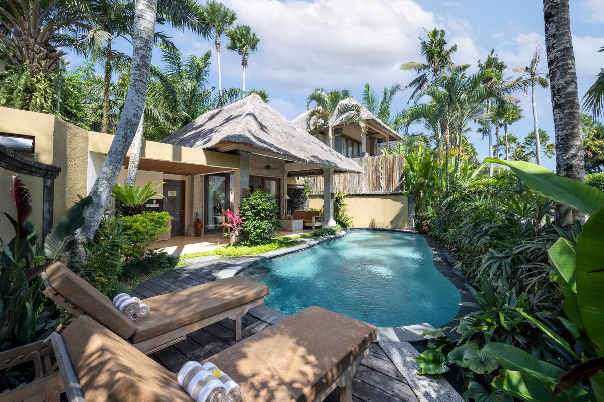 A pool area with lounge chairs, a thatched-roof structure, and tropical vegetation.