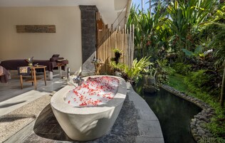 Un espace spa comprenant une baignoire en pierre remplie d’eau et de pétales de rose, une table de massage et une petite table ornée d’une plante.
