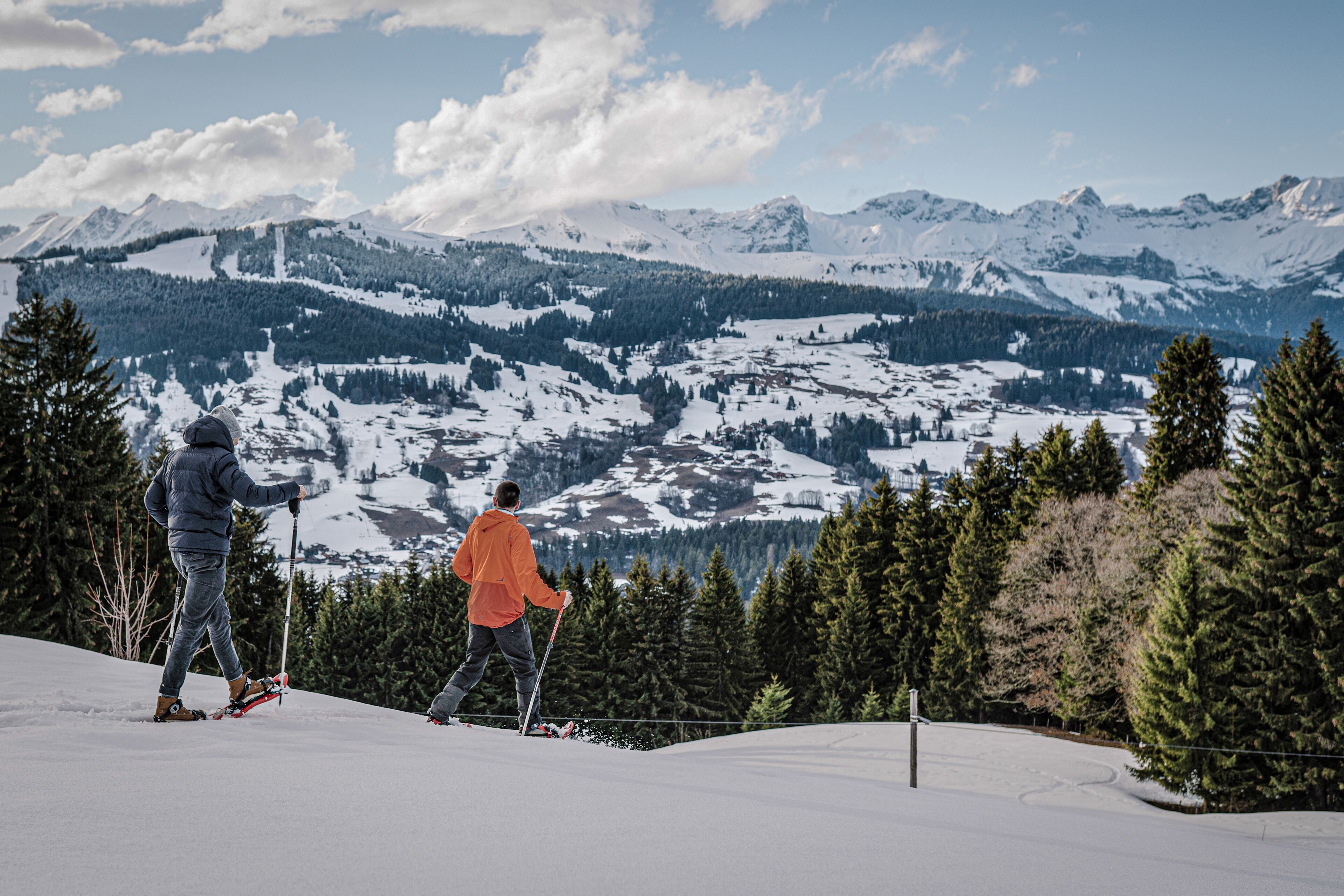 Un paysage de montagne enneigé avec deux skieurs.