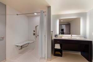 A modern bathroom with a shower, toilet, and sink. - Homewood Suites by Hilton Mobile I-65/Airport Blvd, AL (Mobile)
