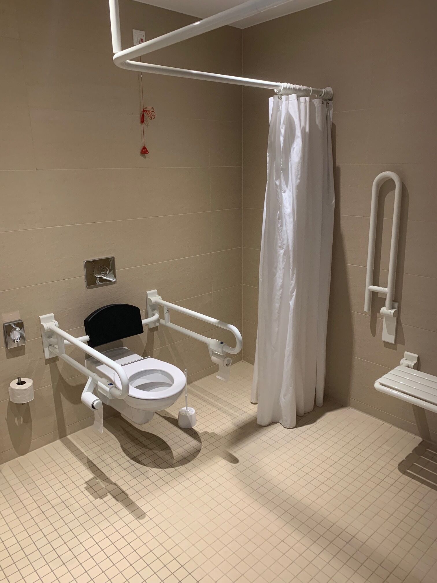 Et badeværelse med toilet til kørestolsbrugere, badeforhæng og gelænder.