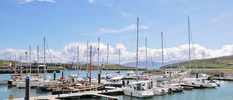 A marina with various boats docked at piers.