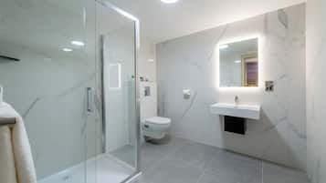 Shower, rainfall showerhead, eco-friendly toiletries, hair dryer