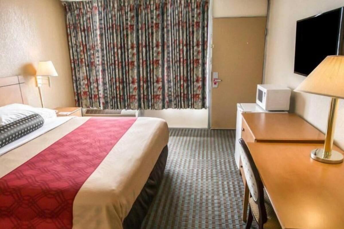 Habitación de hotel con cama, escritorio, silla, televisor, microondas y baño.
