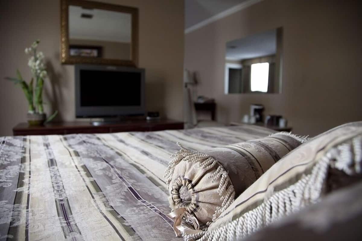 Une chambre à coucher avec un lit, une télévision, un miroir et une fenêtre.