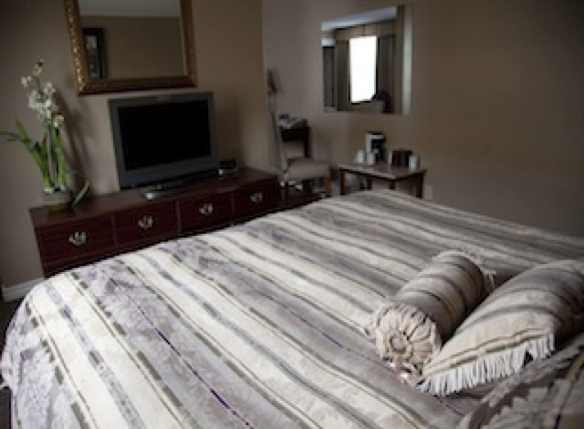 Un dormitorio con cama, cómoda, televisor y espejo.