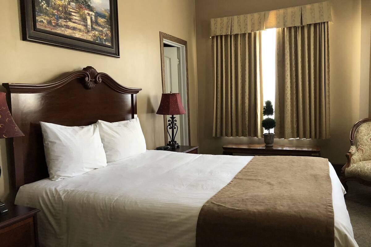 Une chambre d’hôtel avec un grand lit, une table de chevet, une lampe, une chaise, un tableau au mur et une fenêtre avec des rideaux.