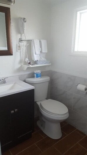 A bathroom with a white toilet, a sink, a mirror, and a hairdryer on the wall. - Sonoma Lodge (Bend)