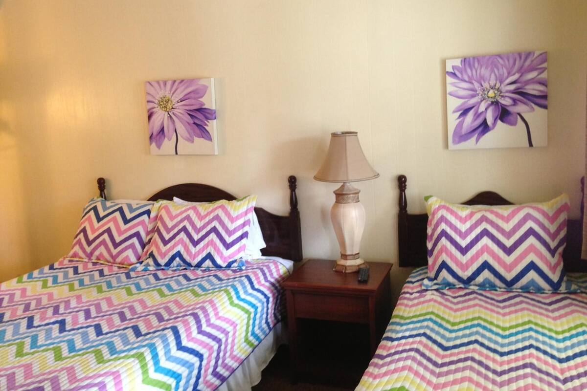 A hotel room with two beds, each with a colorful zigzag patterned bedspread. There are two wall-mounted lamps between the beds, and two wall-mounted flower paintings.