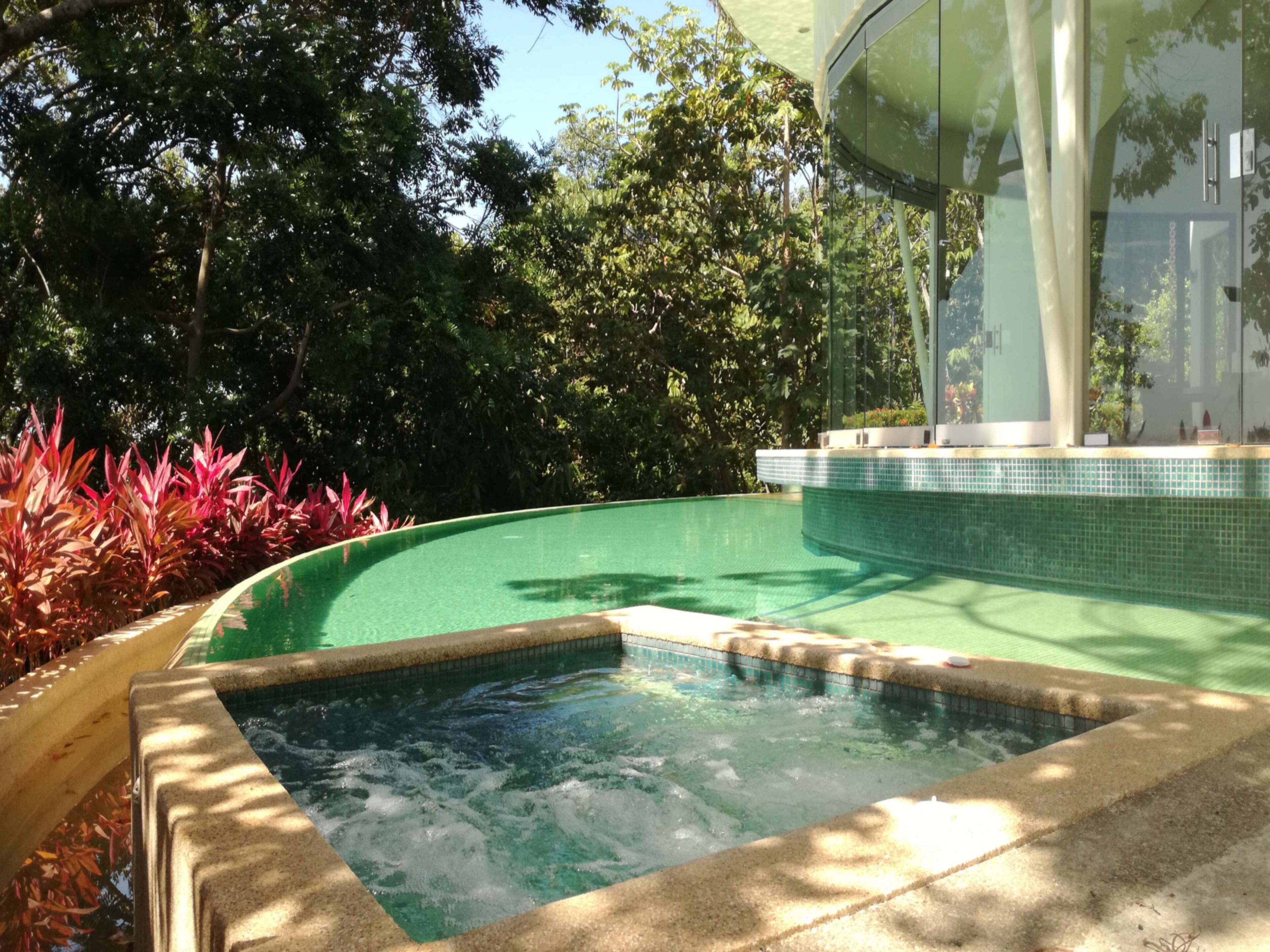 A swimming pool with a tiled edge, surrounded by lush greenery and trees.