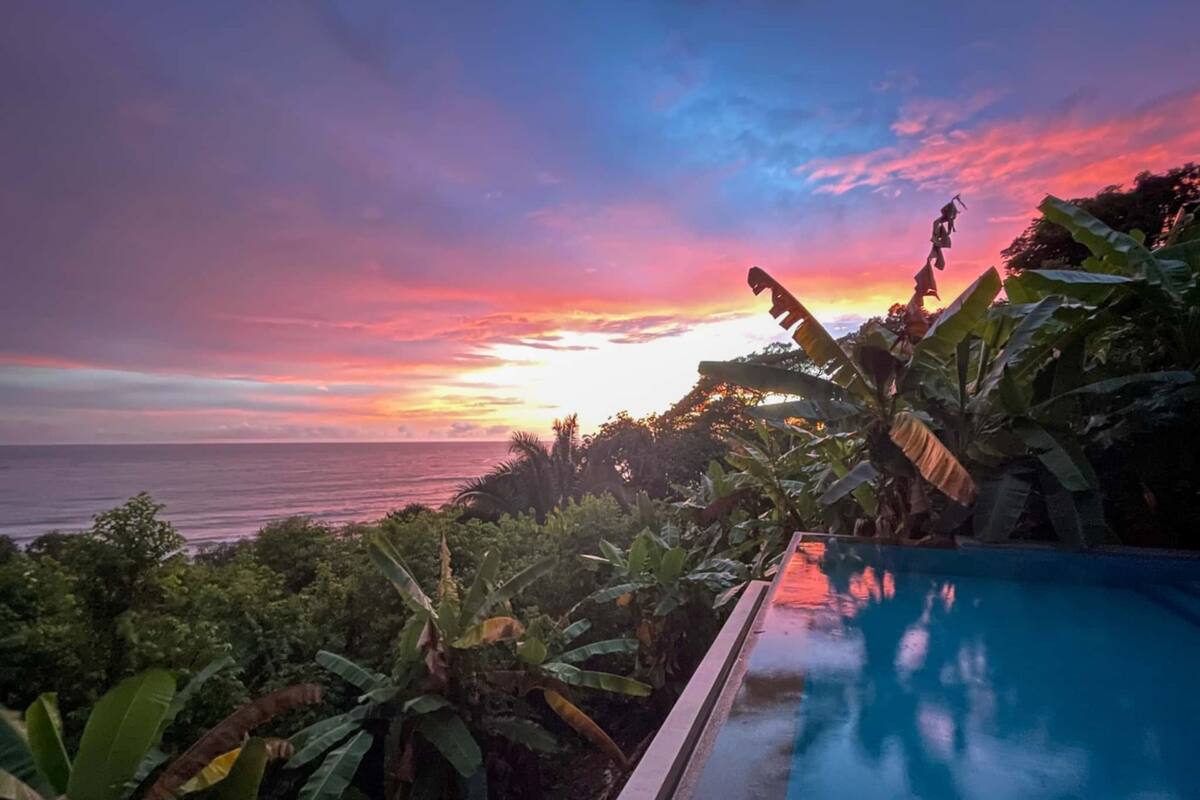 A pool with a sunset view, surrounded by lush greenery and a clear sky.