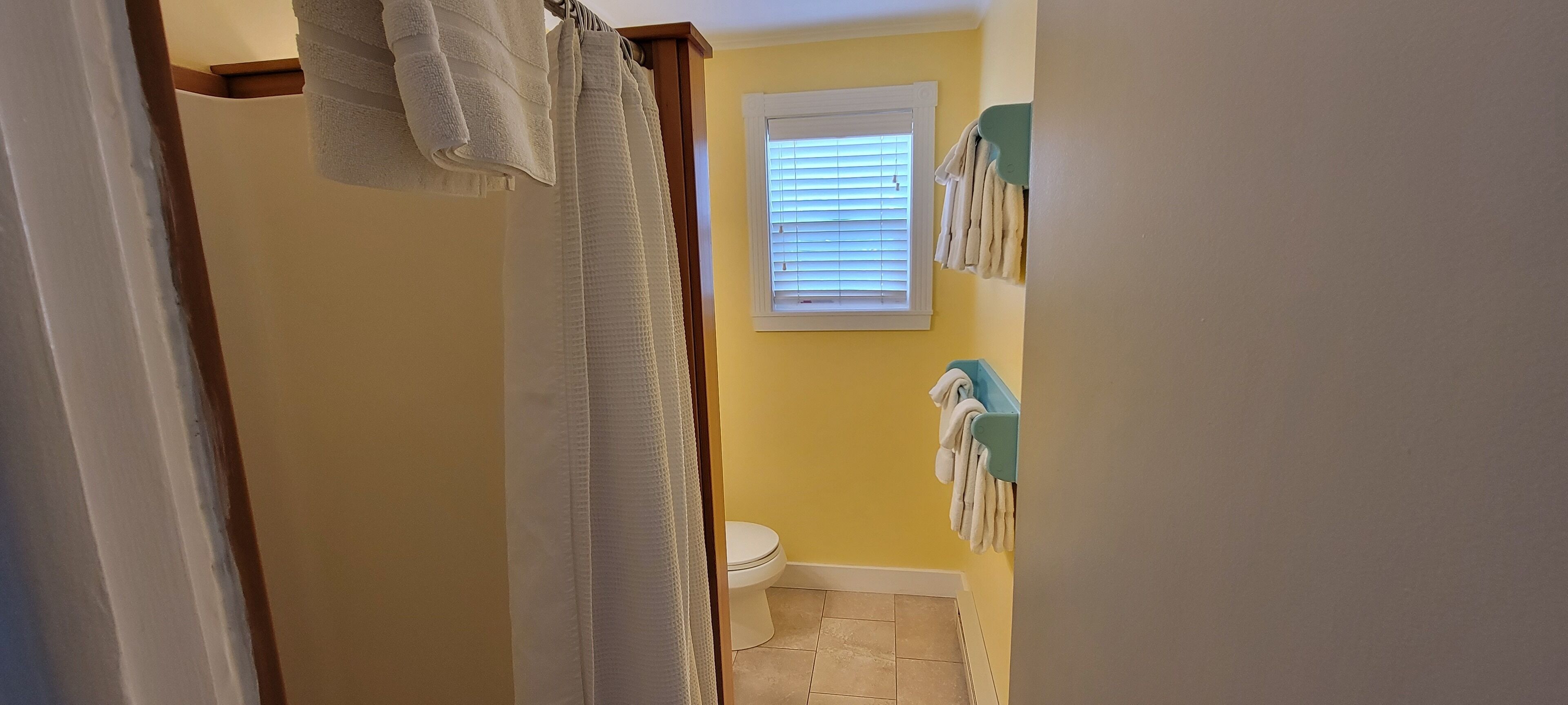 A bathroom with a shower curtain, a toilet, and towels hanging on a rack.
