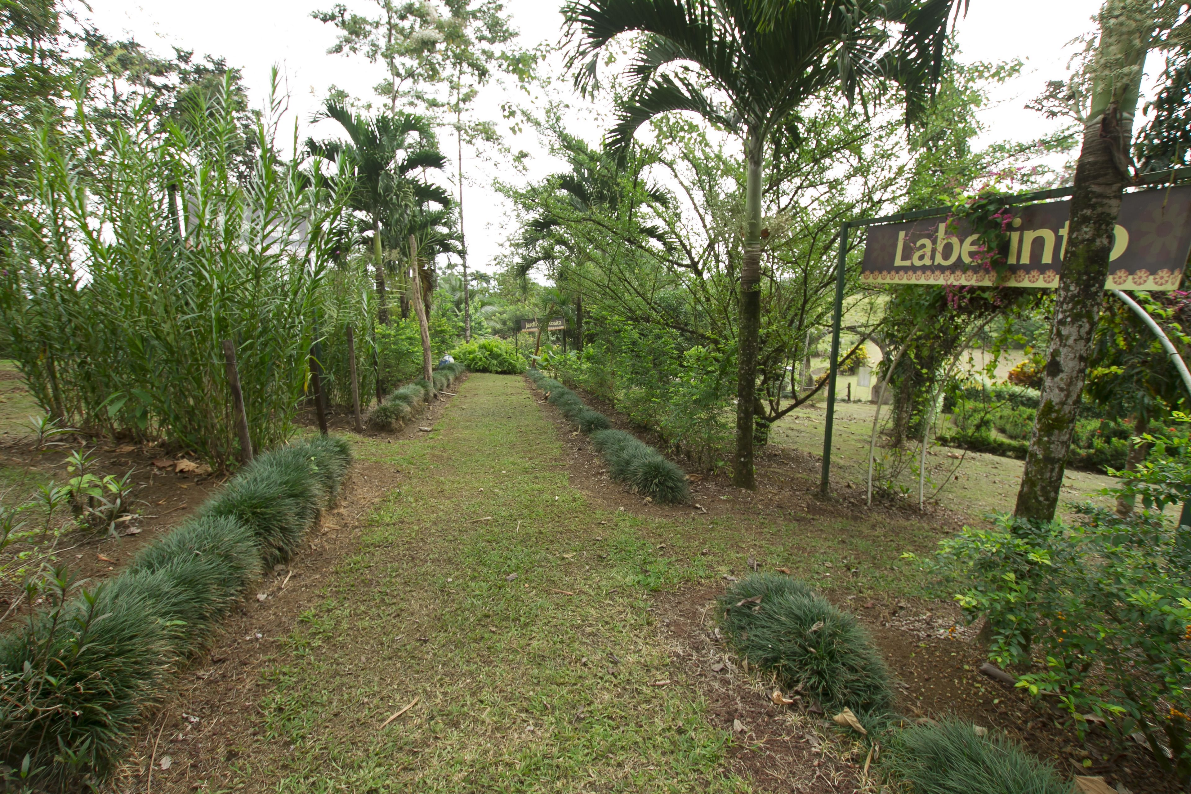 A garden pathway with a sign reading "Lab in".