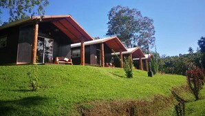 A modern house with a sloped roof, large windows, and a well-maintained lawn. - Villas Josipek (Peñas Blancas)