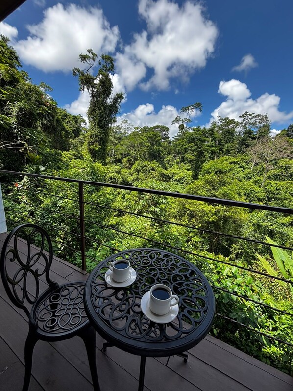 A balcony with two chairs and a table, each with a cup of coffee, overlooking a lush green forest. - Villas Josipek (Peñas Blancas)
