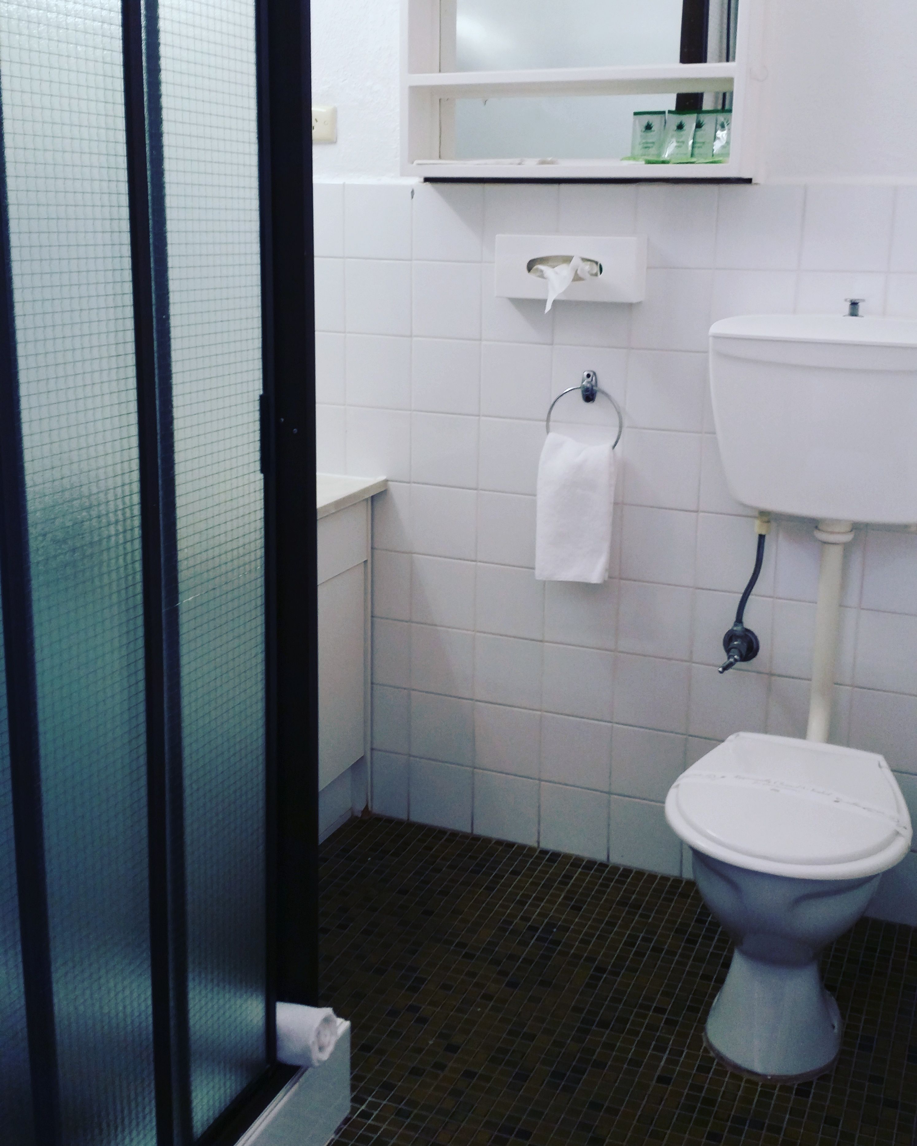 Un baño pequeño con inodoro, lavabo y un perchero para toallas.