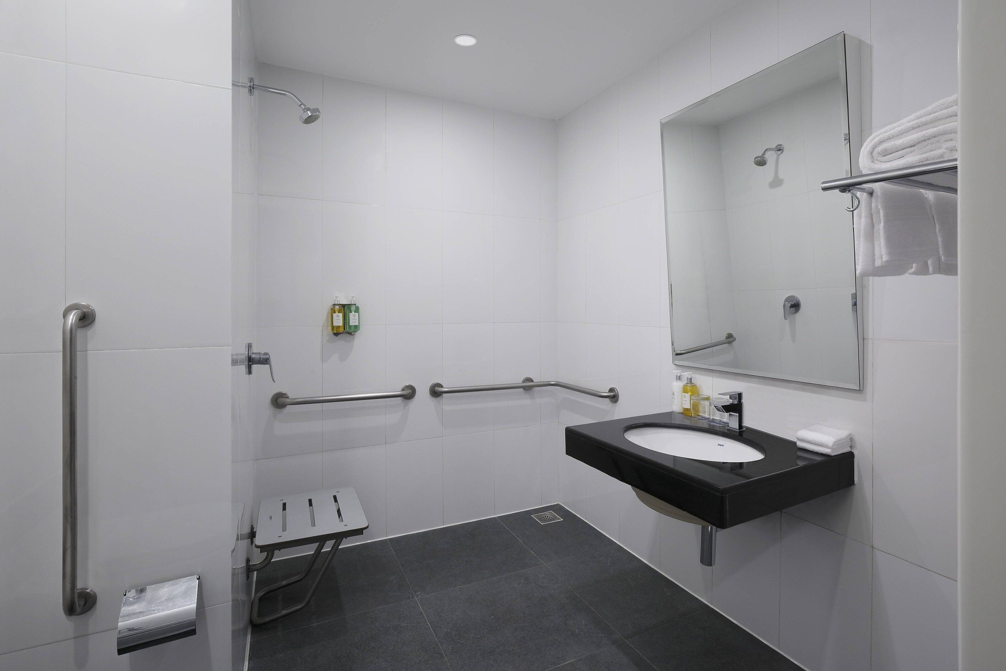 Un baño moderno con ducha, barras de apoyo, lavabo y espejo.