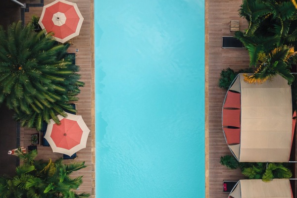 Outdoor pool, pool umbrellas, pool loungers