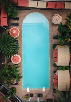 Una piscina al aire libre, sombrillas, sillones reclinables de piscina