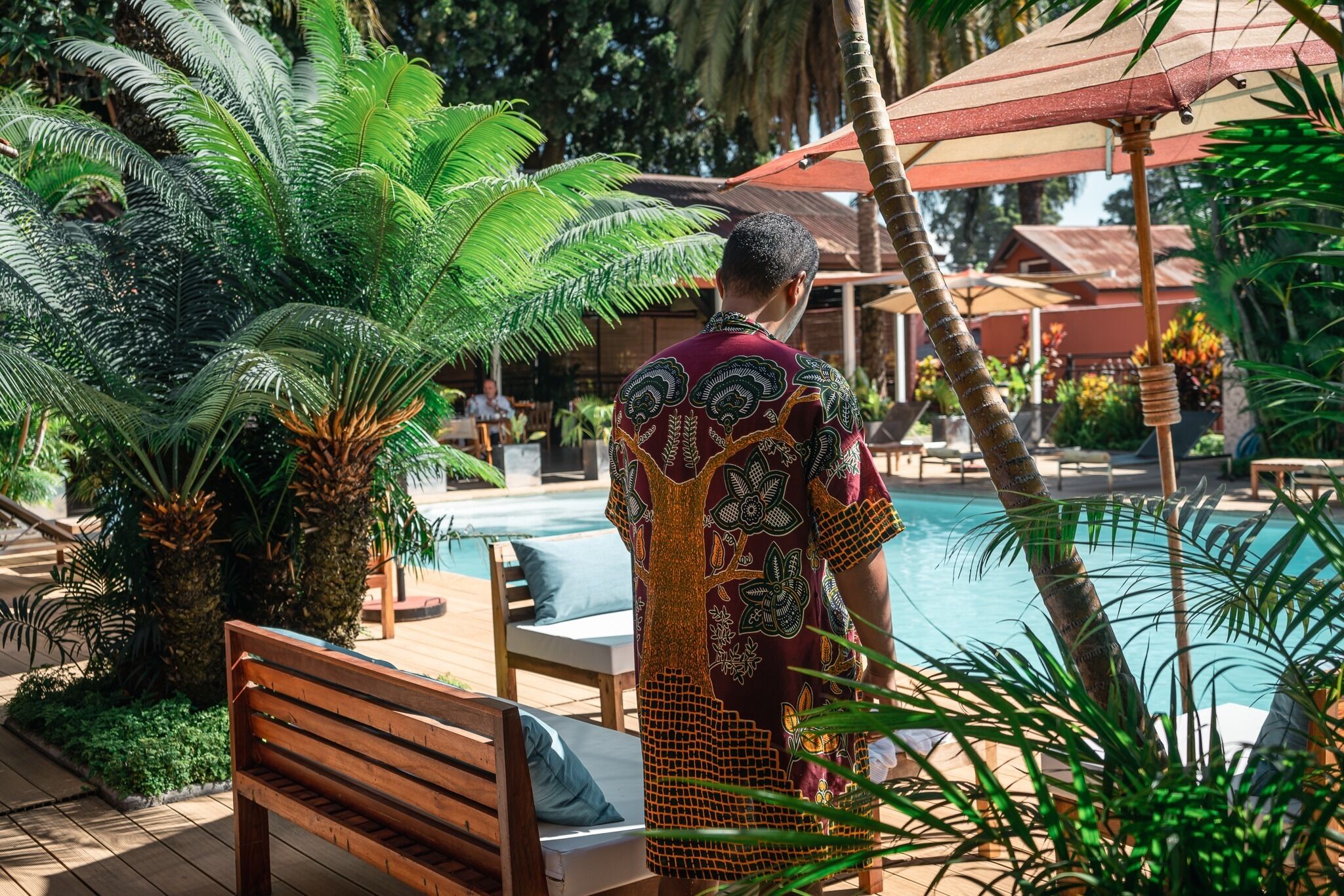 outdoor pool, pool umbrellas, pool loungers