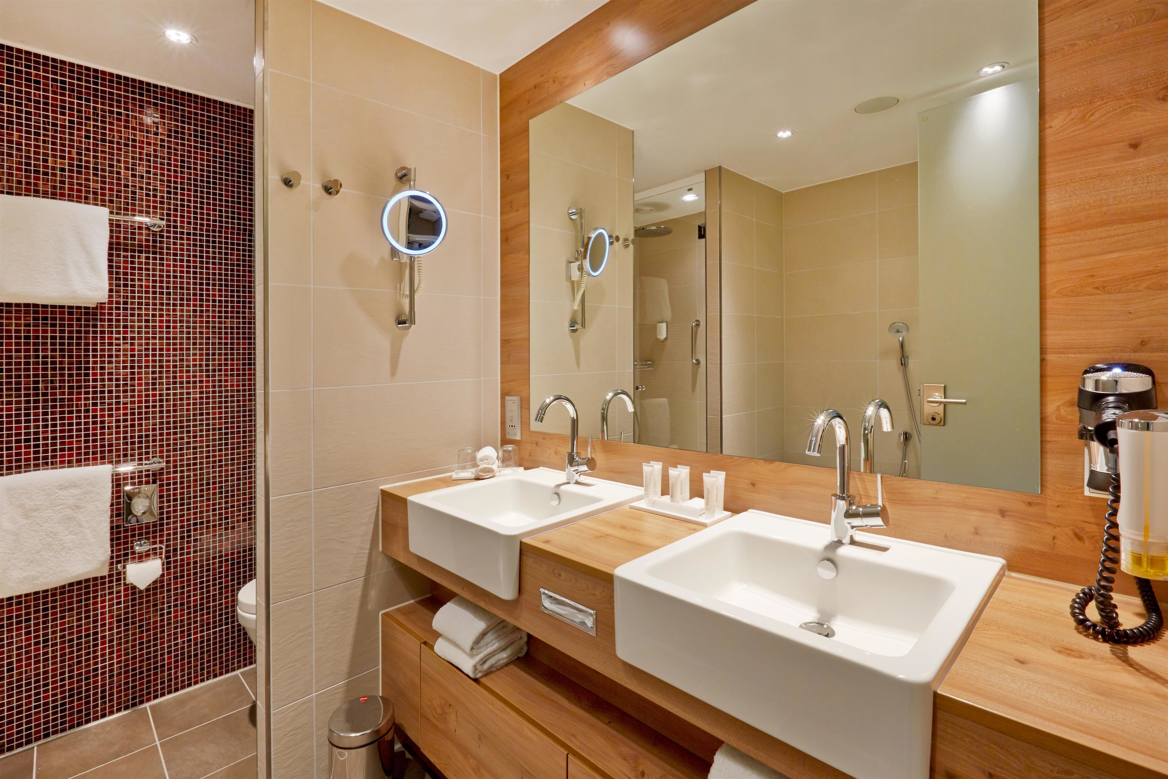 studio | bathroom | shower, rainfall showerhead, hair dryer, towels