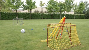 A grassy outdoor area with a soccer goal, a smaller goal, and a netted play area. - Hotel Grodzki (Poznań)