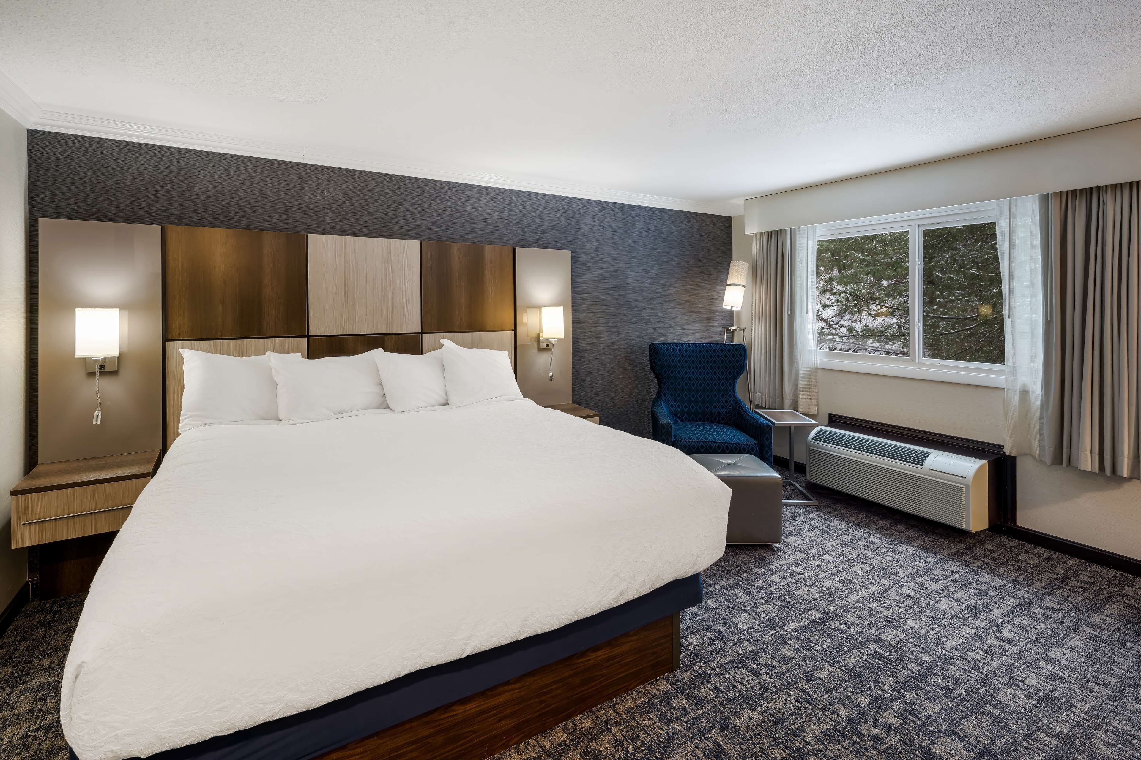 A hotel room with a large bed, a chair, a heater, and a window with curtains.