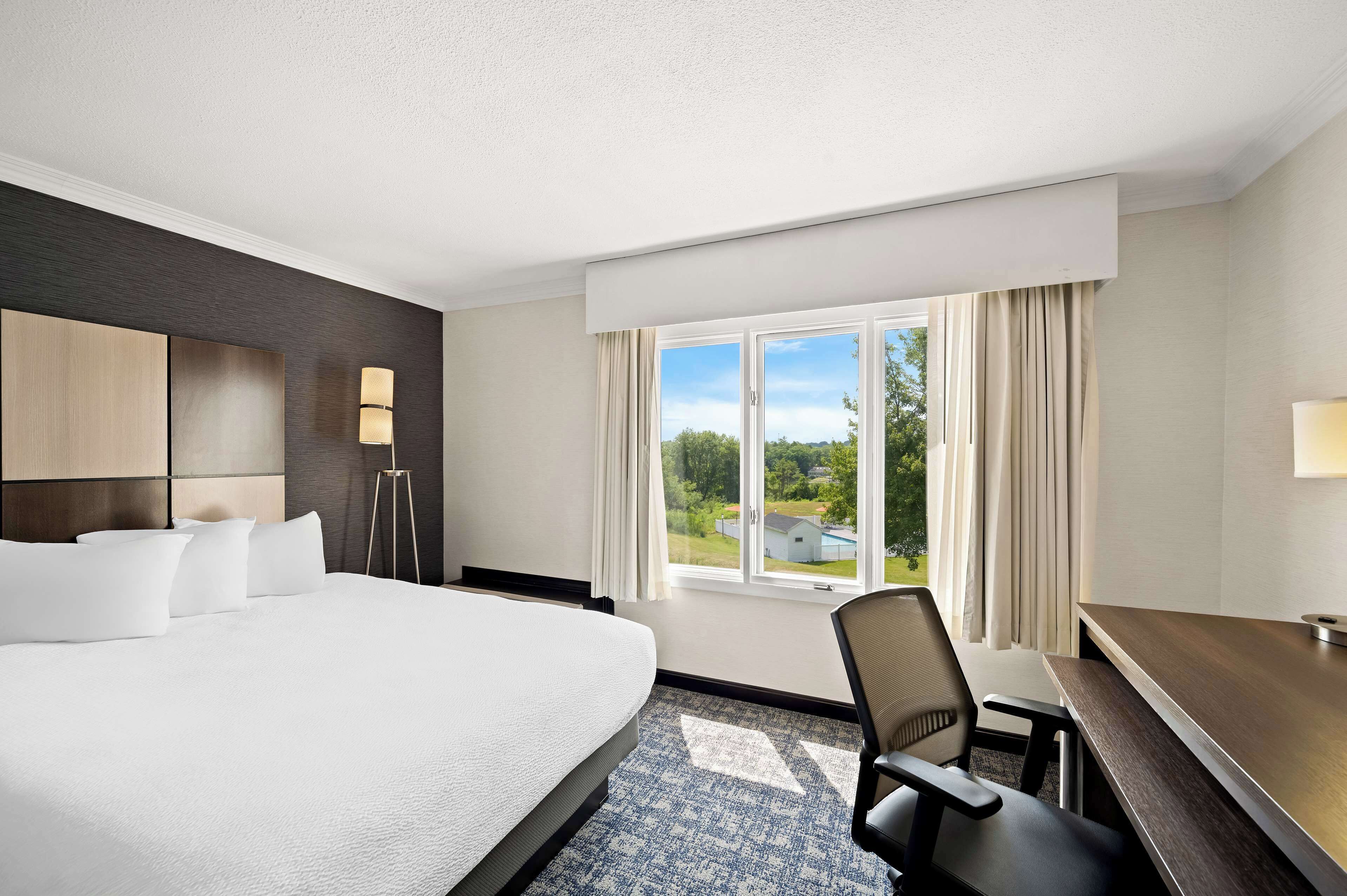 Habitación de hotel con una cama grande, un escritorio, una silla, una lámpara y una ventana con vistas a zonas verdes.