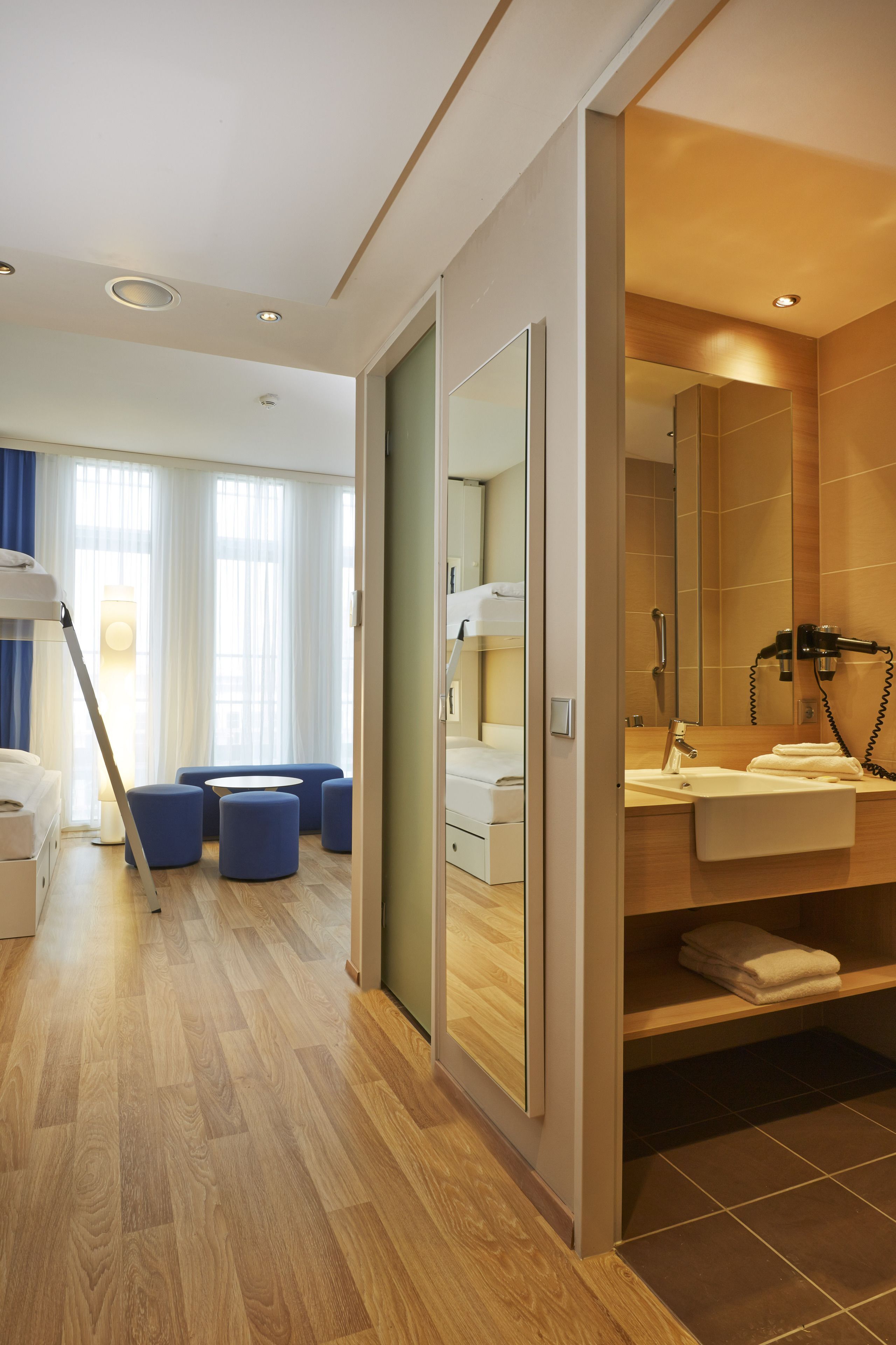 Hypo-allergenic bedding, desk, blackout curtains, soundproofing