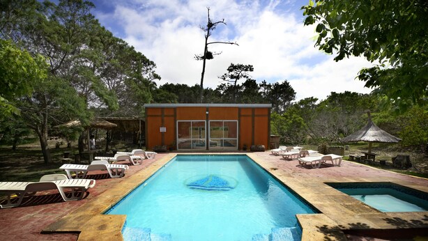 A rectangular pool with a hot tub in the center, surrounded by lounge chairs and a small building with a thatched roof.