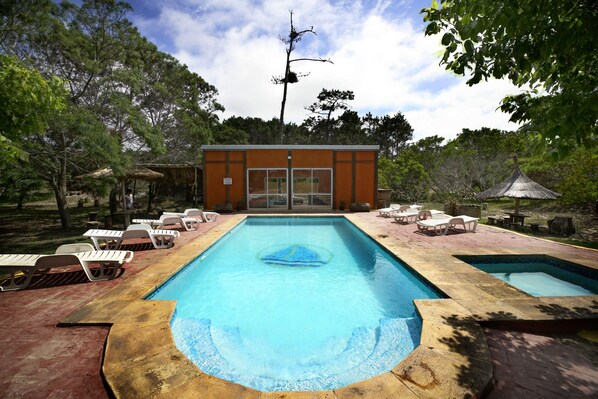Seasonal outdoor pool, sun loungers