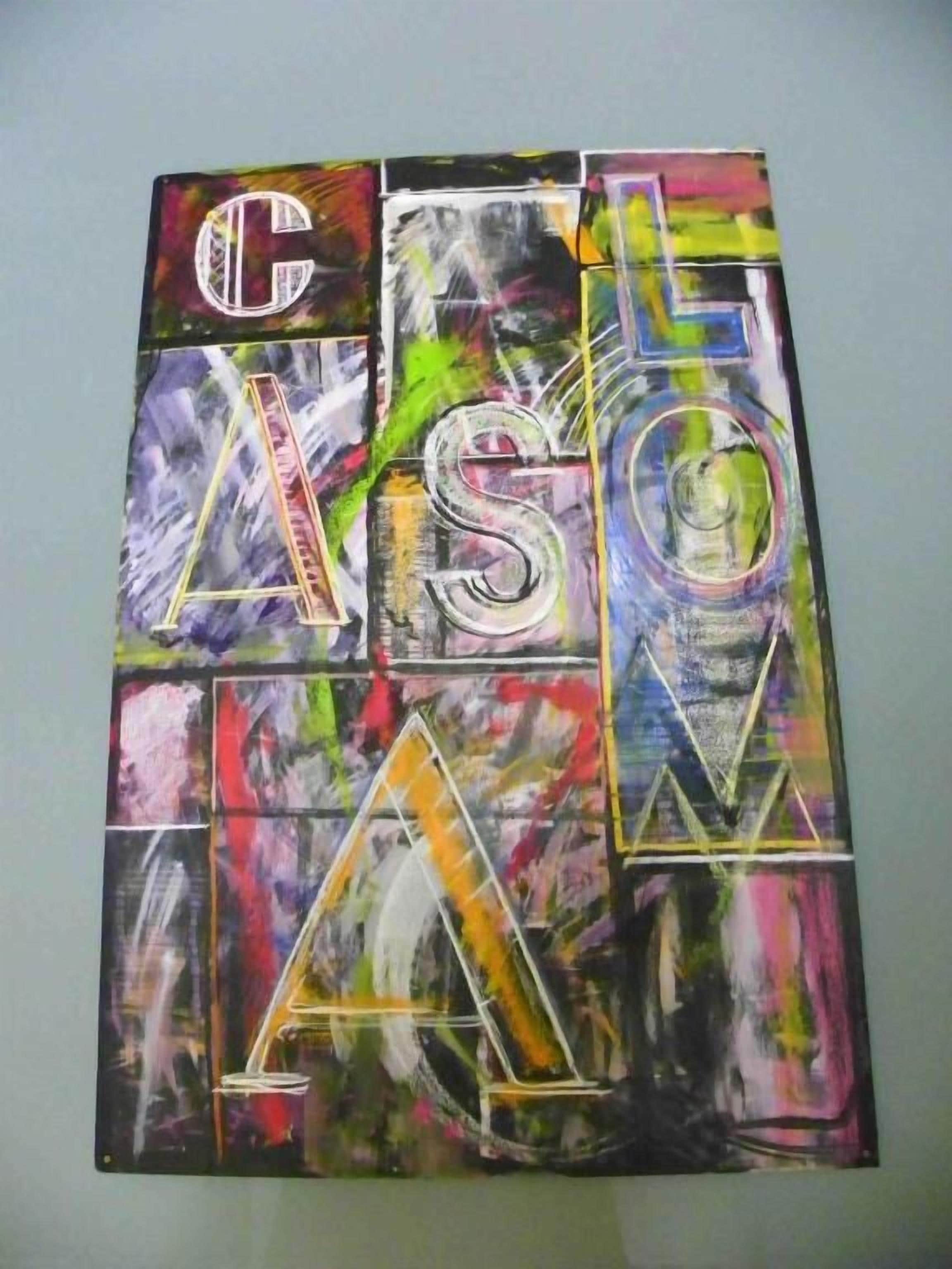 A colorful abstract painting with large letters and geometric shapes.
