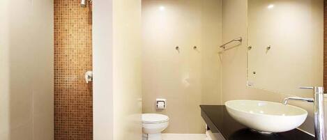 Ein modernes Badezimmer mit Dusche, Toilette und einem großen Waschbecken mit Spiegel.