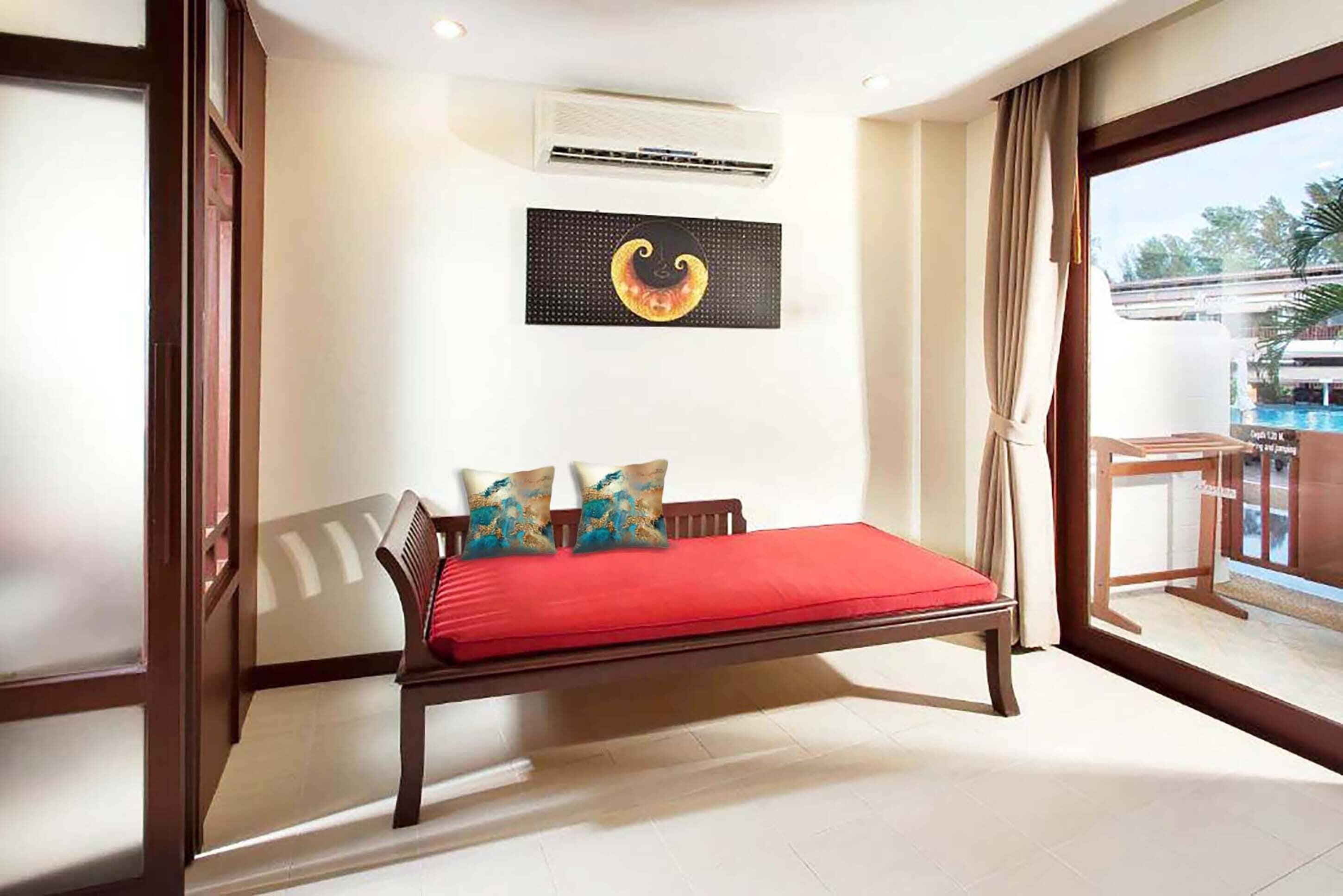 A room with a wooden bed, a wall-mounted air conditioner, and a large window with a view of a pool.