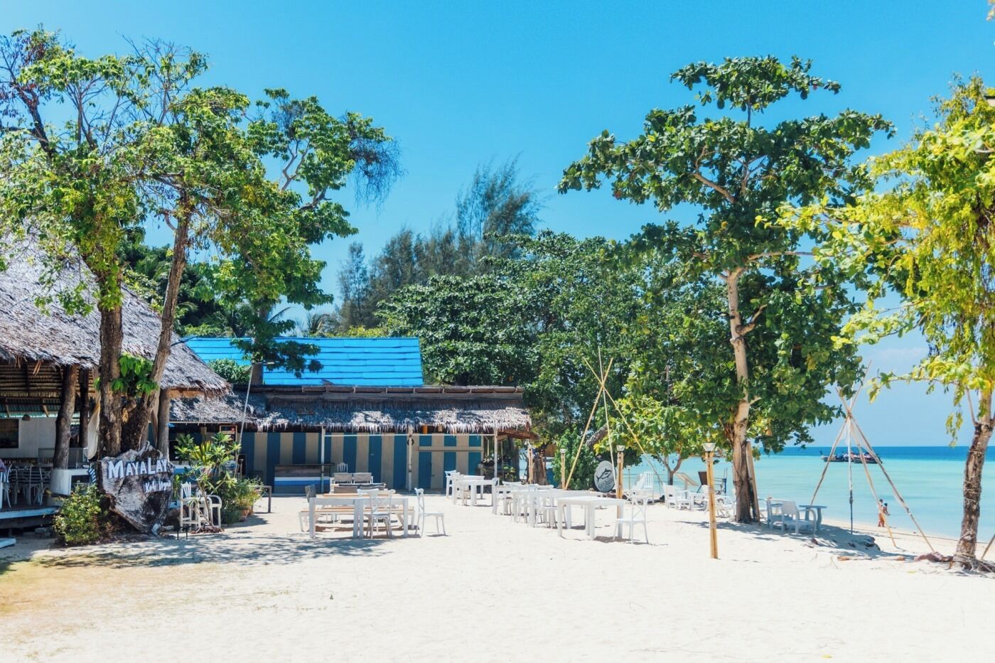 A beachside resort with thatched-roof huts, outdoor seating, and a clear view of the ocean.