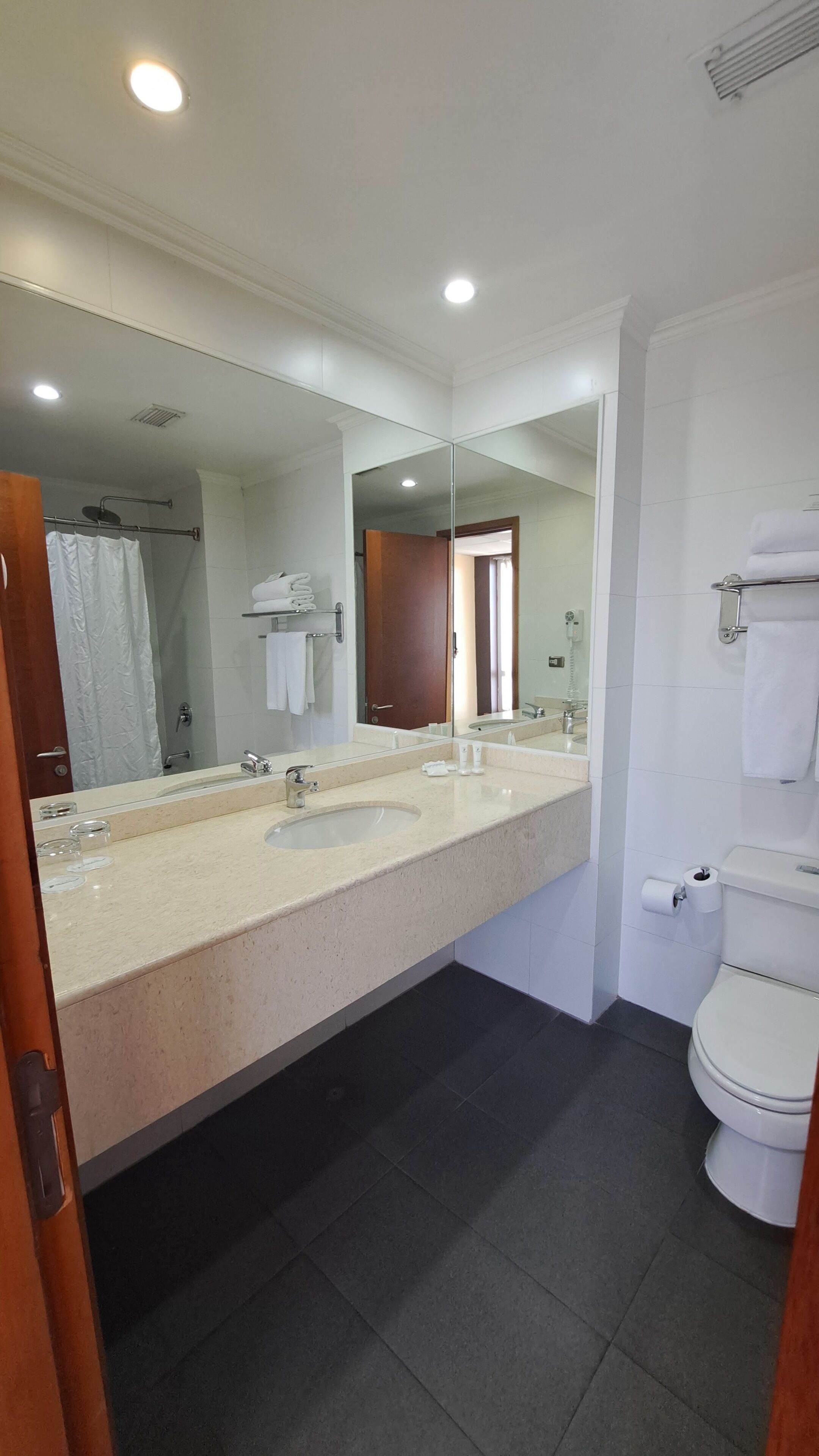 combined shower/bathtub, free toiletries, hair dryer, towels