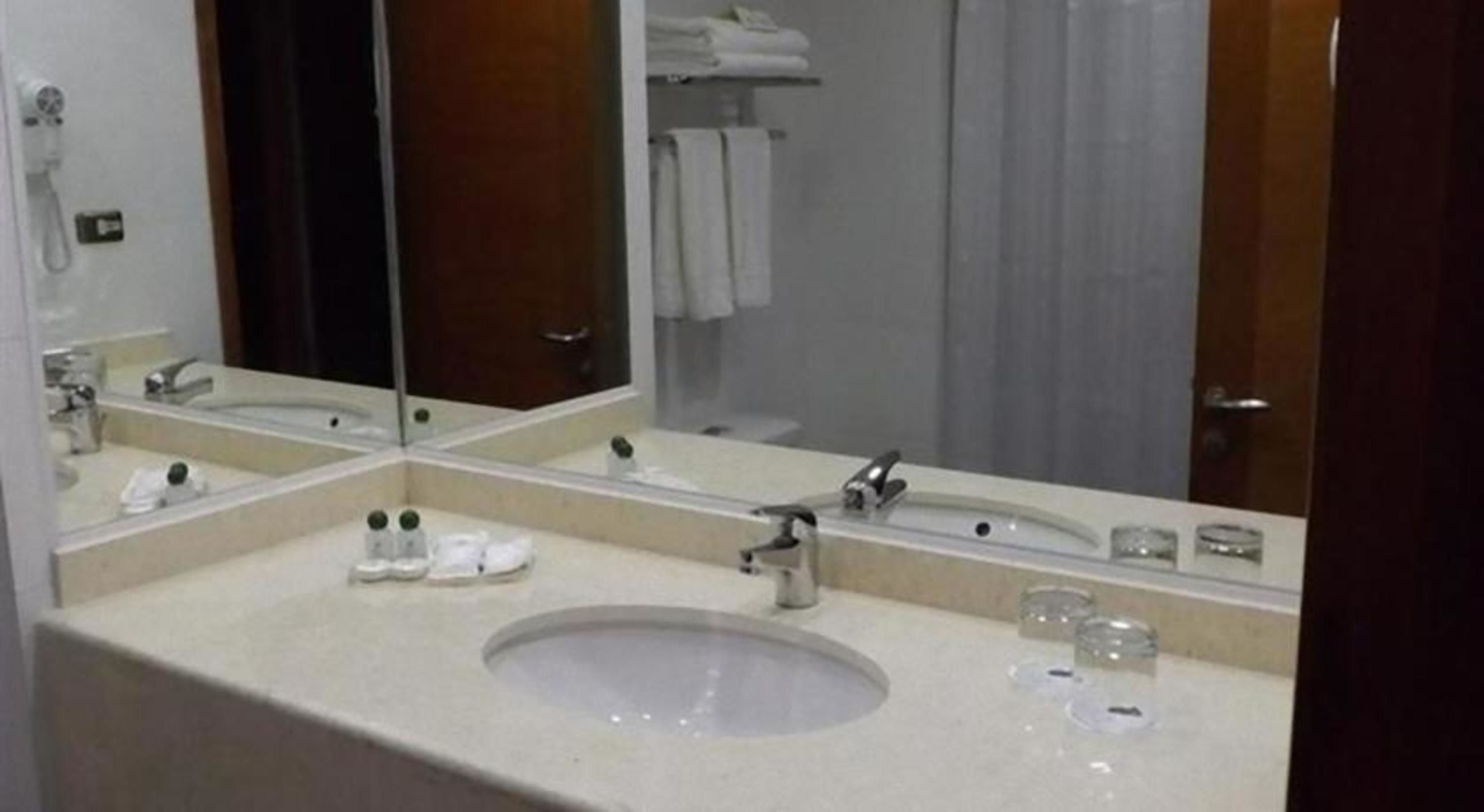 combined shower/bathtub, free toiletries, hair dryer, towels