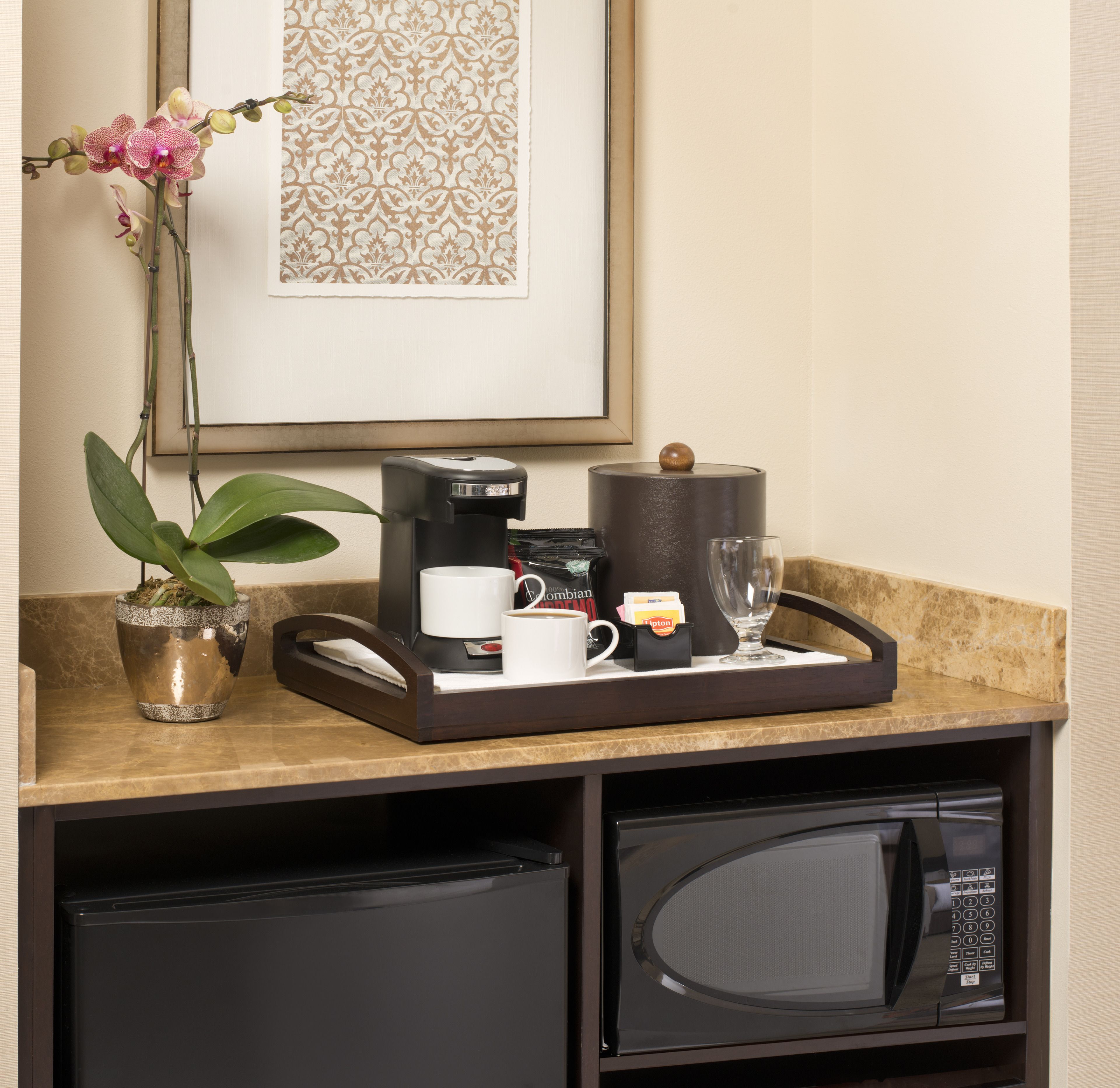 fridge, microwave, coffee/tea maker