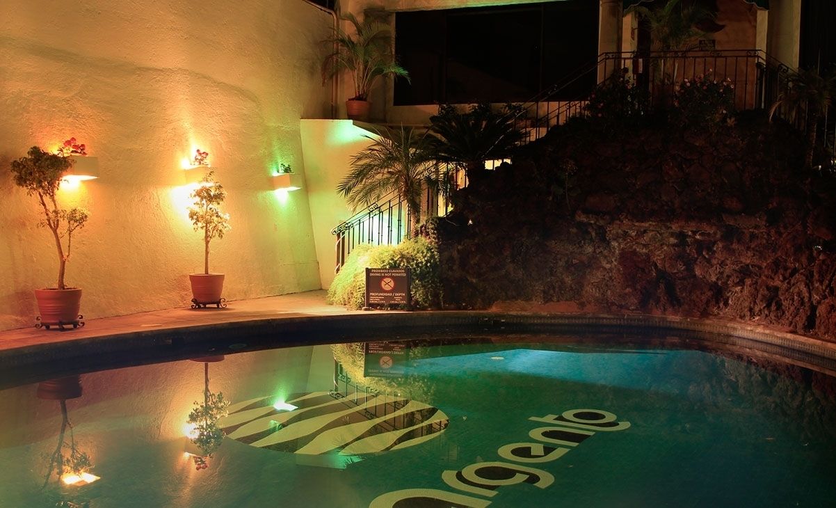 A swimming pool with the word "Argento" on the water, surrounded by plants and a staircase leading to a balcony.