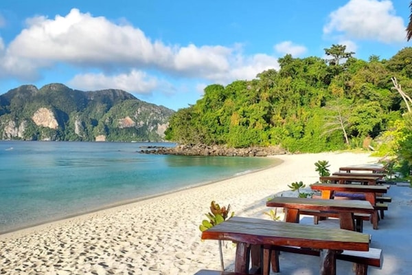 On the beach, white sand