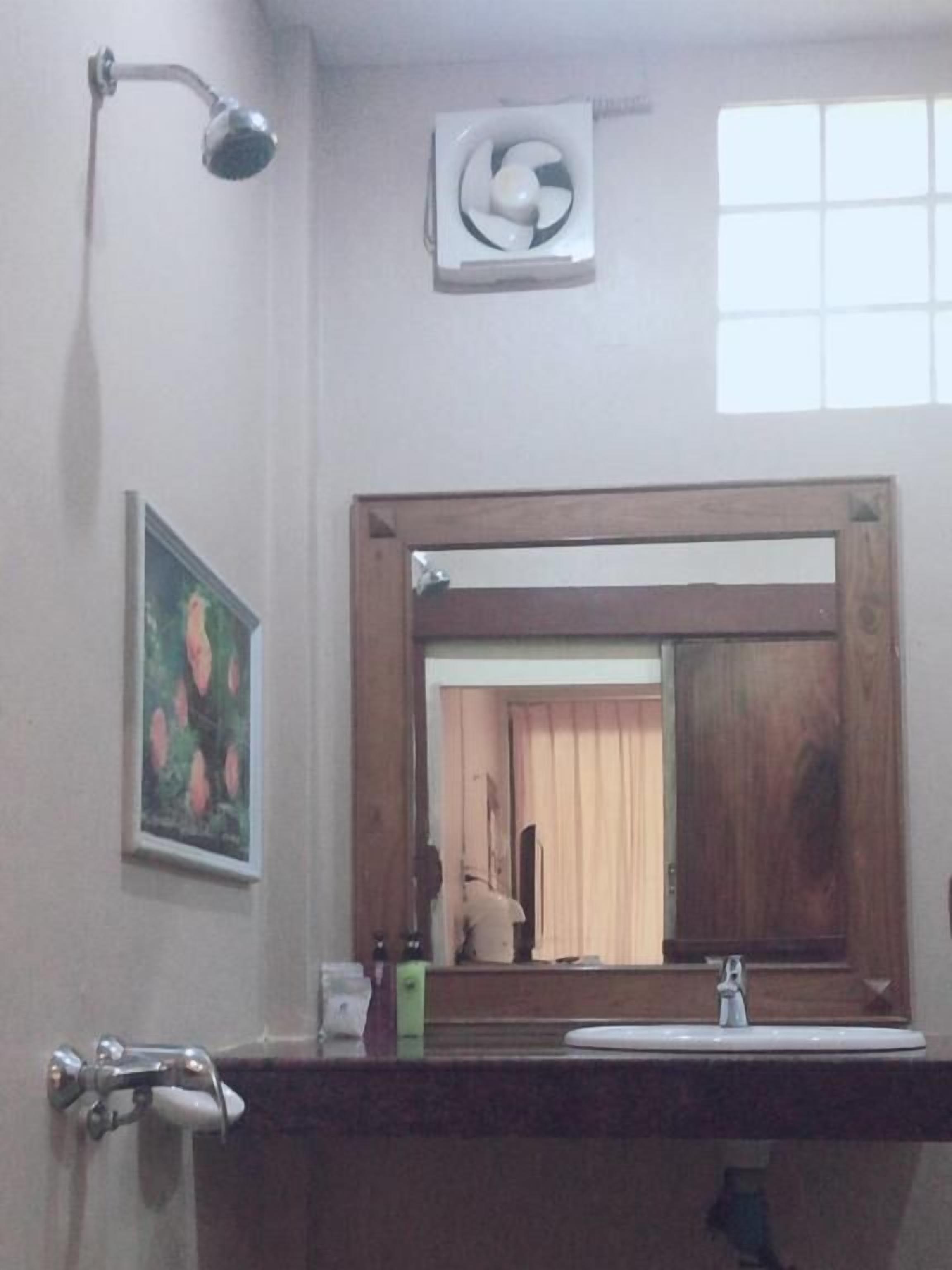 Un baño con un espejo de marco de madera, un cabezal de ducha, un ventilador pequeño y un cuadro en la pared.