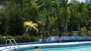 A swimming pool surrounded by lush greenery and palm trees. - Forest View Leisure Residences (Morong)