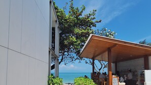 A pathway leading to a wooden deck with a view of the sea, a bar area, and cacti along the path. - Baan Fah Resort (Koh Samui)